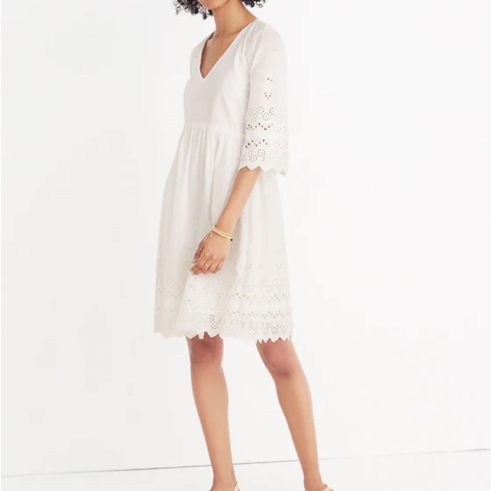 Madewell Eyelet Lattice Dress White Scallop Hem V-Neck 3/4 Sleeve Size 8